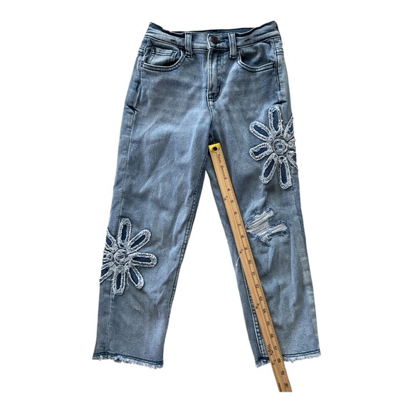 Justice Girls Flower Patch Distressed Jeans Size 8 Cropped Raw Hem - Picture 4 of 5